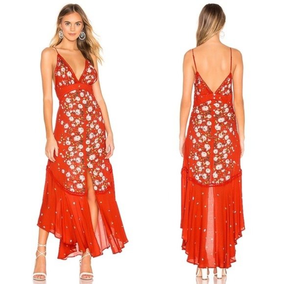 Free People Paradise Printed Maxi Dress in Red New - Picture 3 of 8
